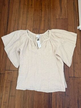 Medium Velvet by Graham & Spencer Linen Flutter Sleeve Top Neutral Blouse - NWT